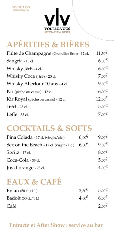 Carte des boissons VLV Orléans recto