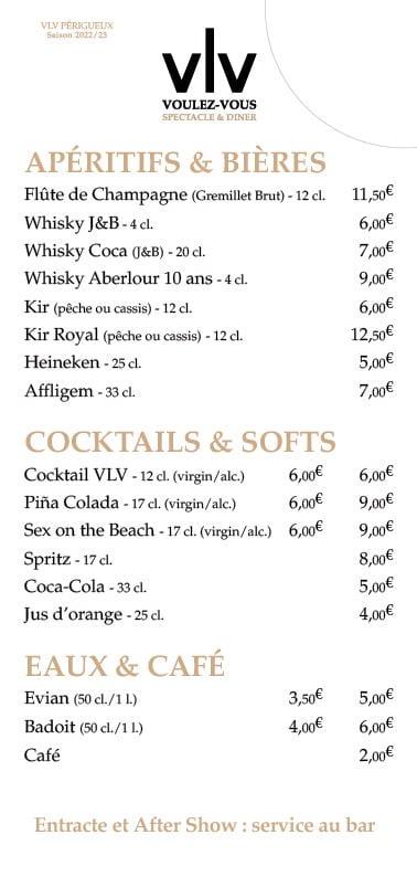 Carte des boissons VLV Périgueux recto